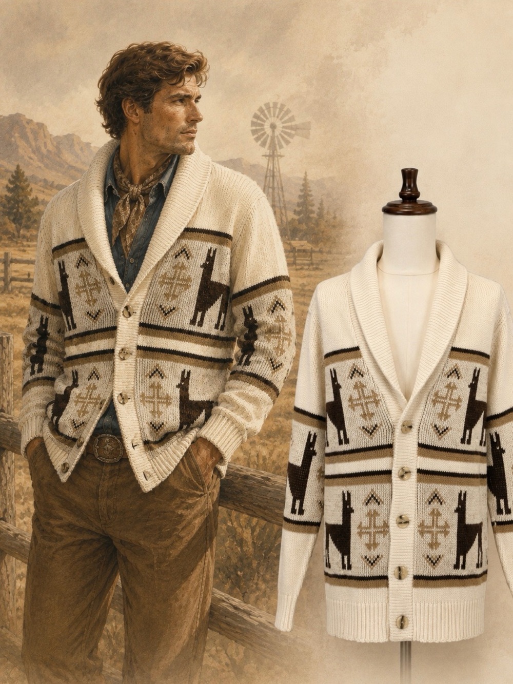 VINTAGE alpaca llama sweater cardigan men’s Sears western ranch heritage 70s